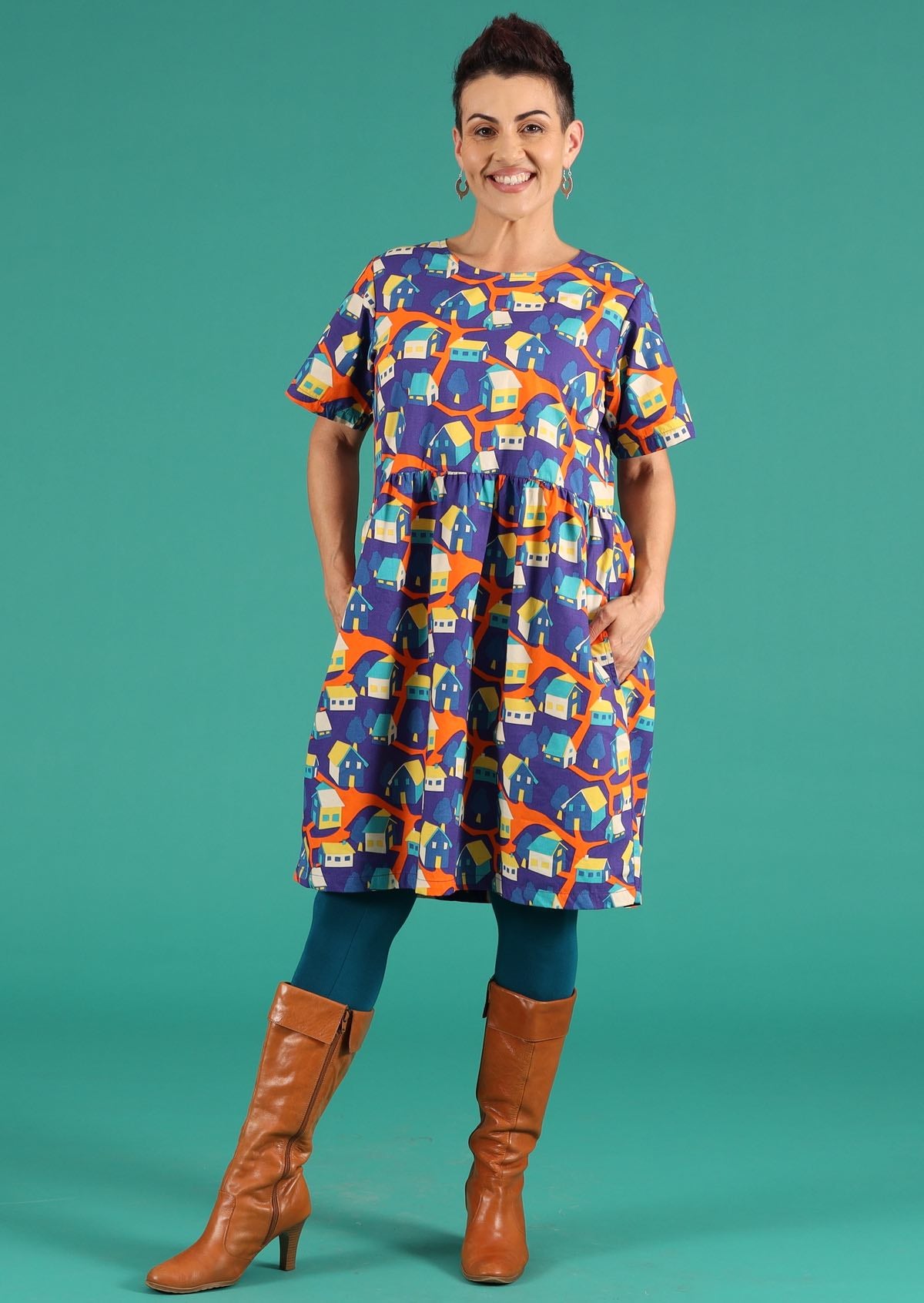 retro print knee length dress with hidden pockets