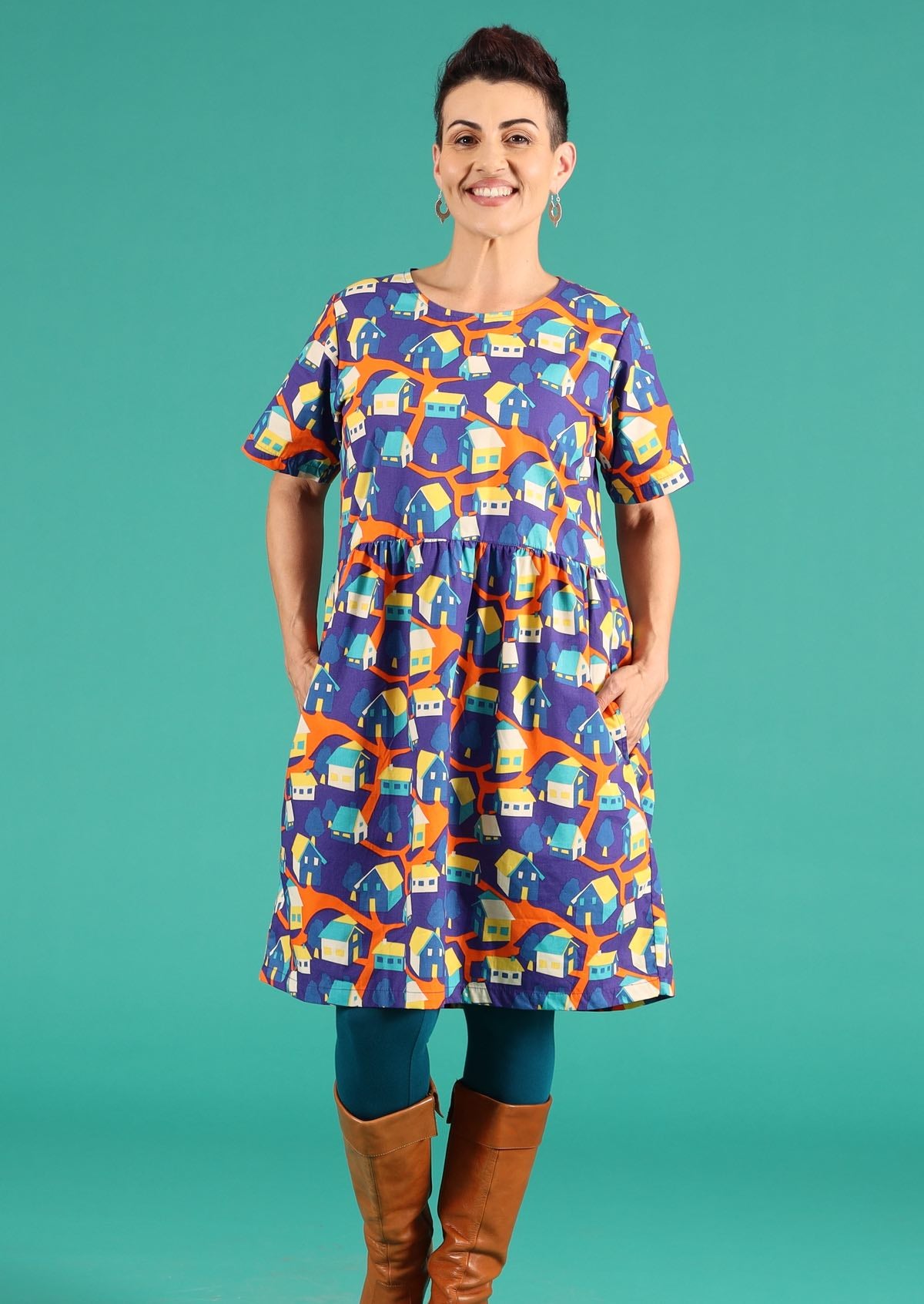 Mabel Dress Around the Houses 100% cotton loose fit short sleeve dress with pockets | Karma East Australia