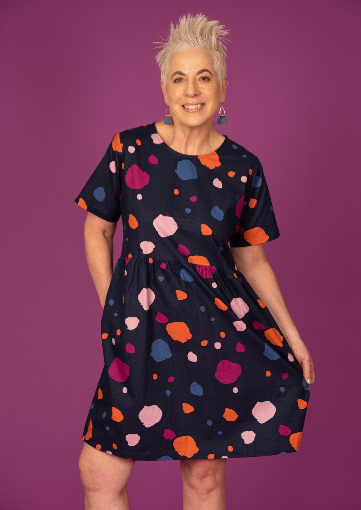 Short Sleeve Knee Length Cotton Dress with Pockets