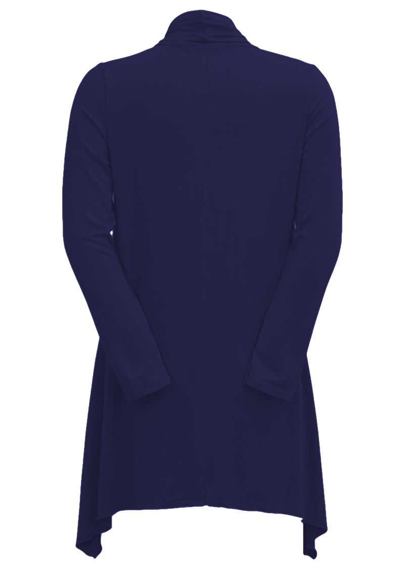 back view uneven hem rayon cardigan navy