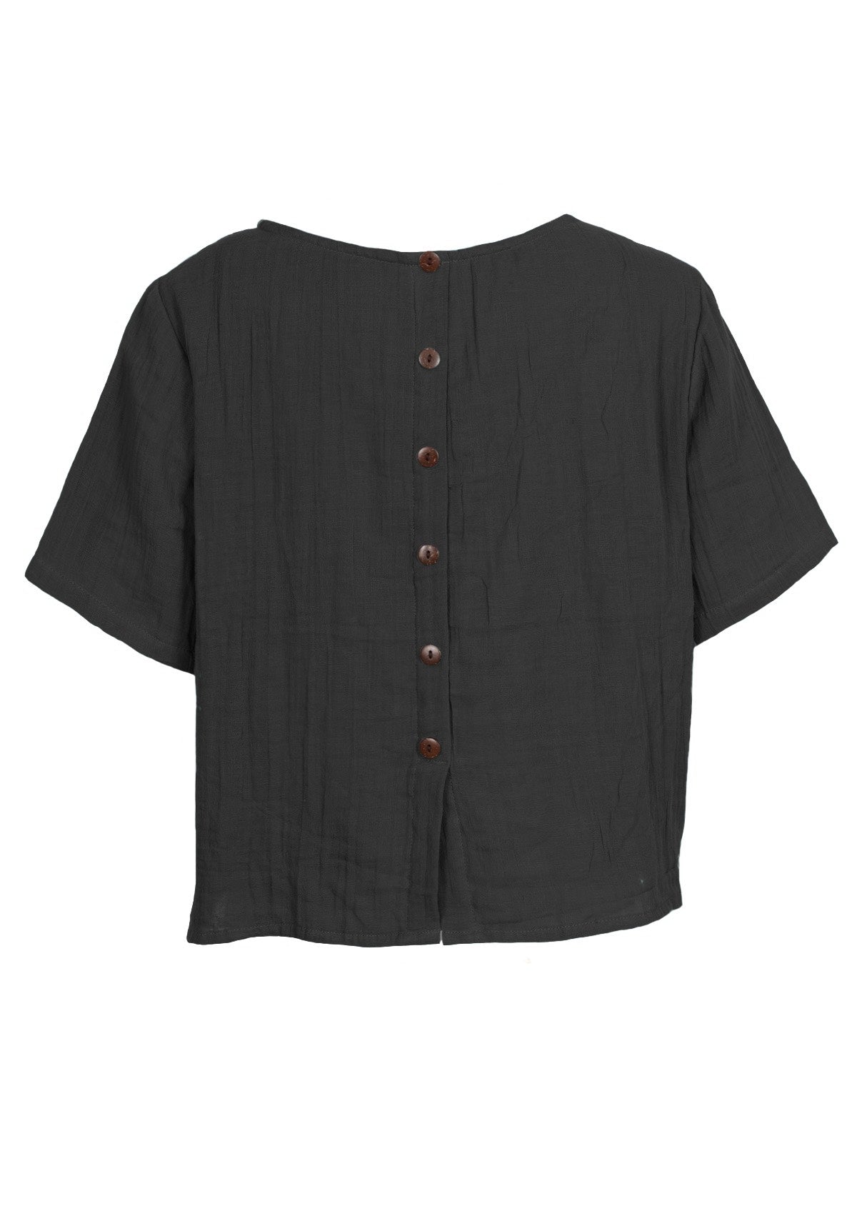 back view black cotton top button detail