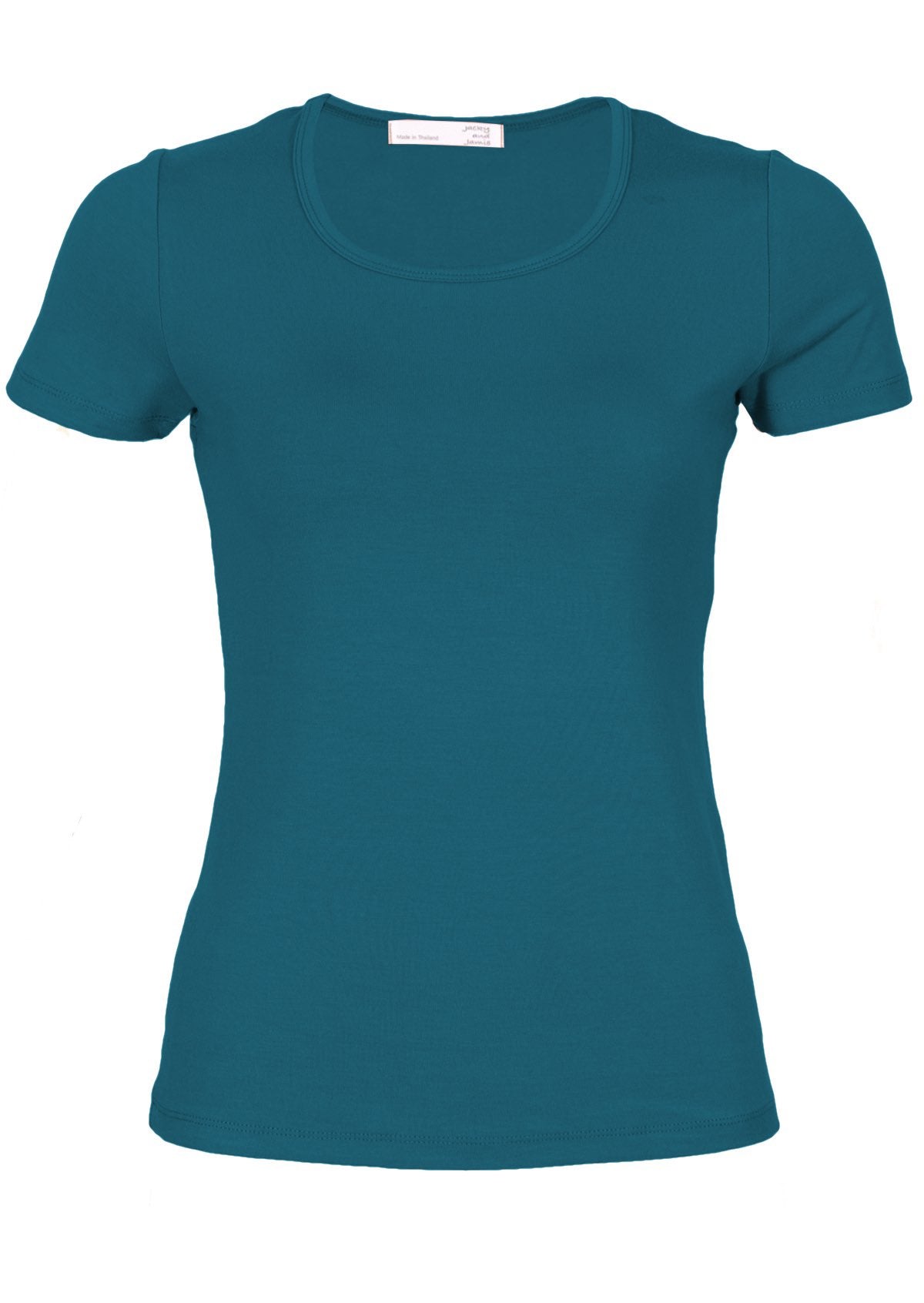 Front view women's scoop neck teal rayon fitted t-shirt.