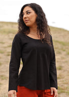 Tulsi Long Sleeve Top round neck pleats from centre of neckline long sleeve rounded hem light weight 100% cotton black | Karma East Australia