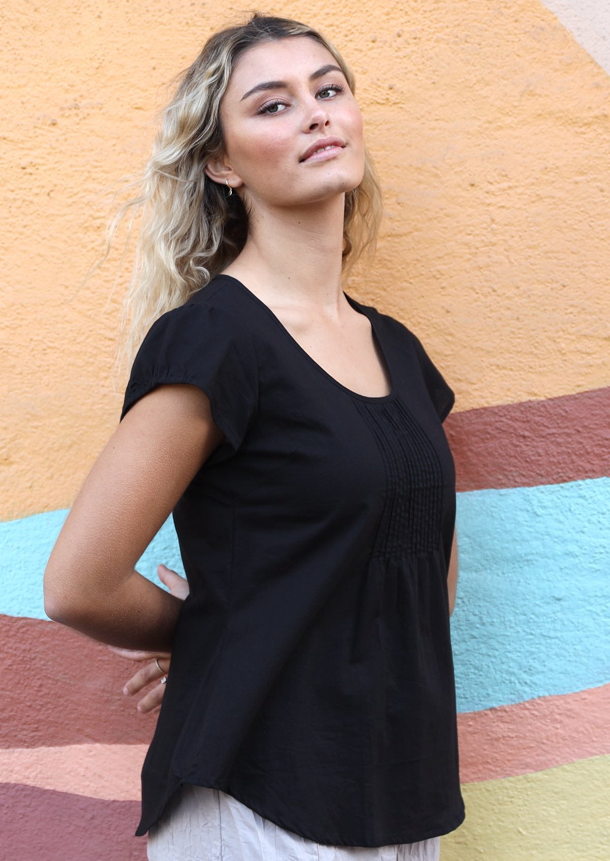 cap sleeve elasticated detail on sleeve women's top