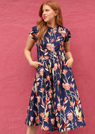 Short Sleeve 100% Printed Cotton Midi Dress with Pockets