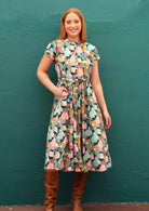 Midi length below the knee women's dress belt loops with optional waist-tie