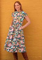 100% Indian Cotton pastel toned spots print dress with mandarin collar and short sleeves