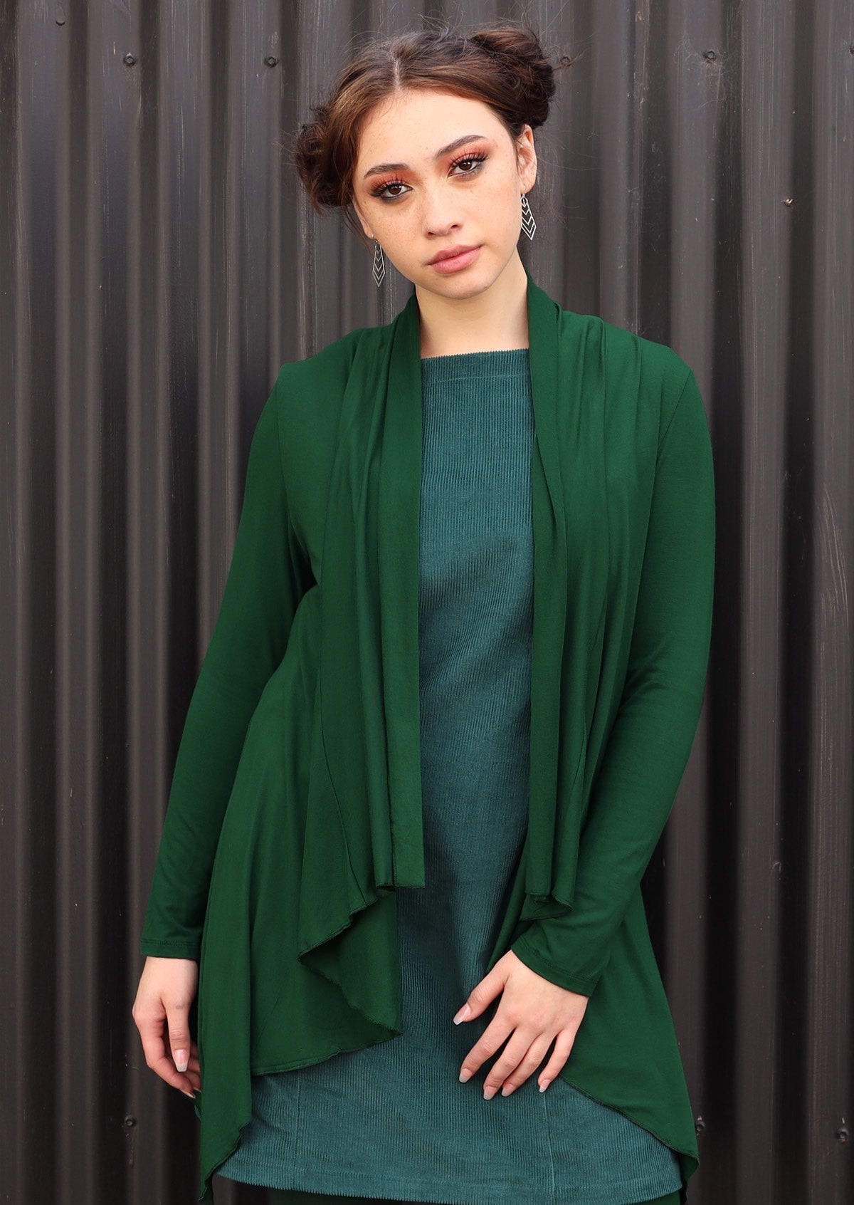 Irregular Hem Stretch Cardi handkerchief hem line long sleeve soft stretch rayon forest green | Karma East Australia
