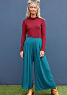 Wide Leg Stretch Pocket Pant wide leg elasticated back waistband front pleats pockets low crotch soft stretch rayon teal blue | Karma East Australia