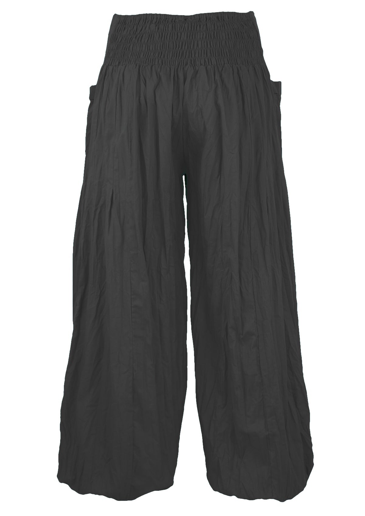 back view of cotton harem pants with elasticated back of waistband