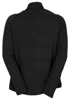 Black long sleeve stretch rayon cardi with a waterfall front hem, and straight back hem