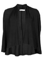 Black long sleeve stretch rayon cardi with a waterfall front hem that is cropped at the front