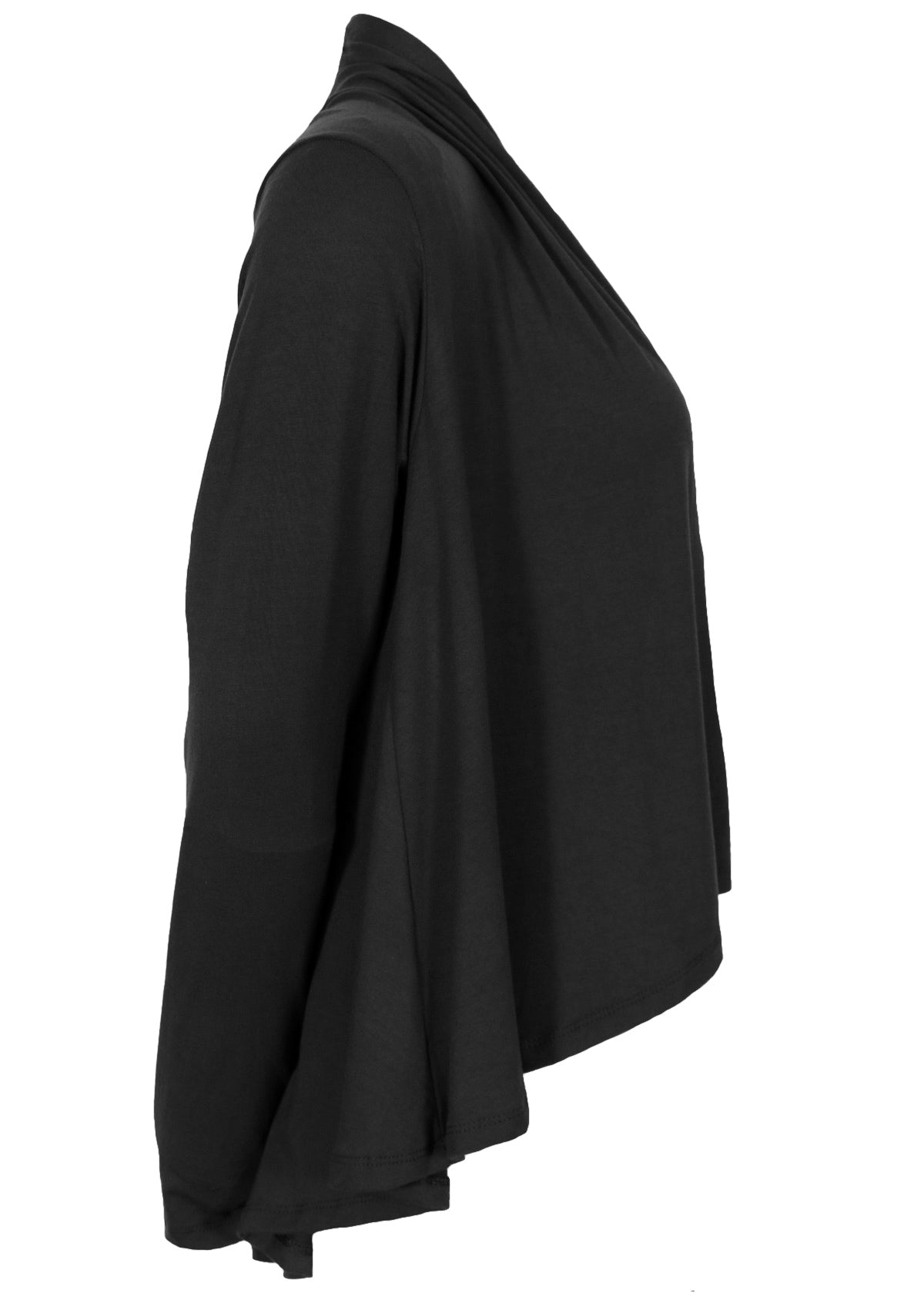 Black long sleeve stretch rayon cardi with a waterfall front hem that is cropped at the front