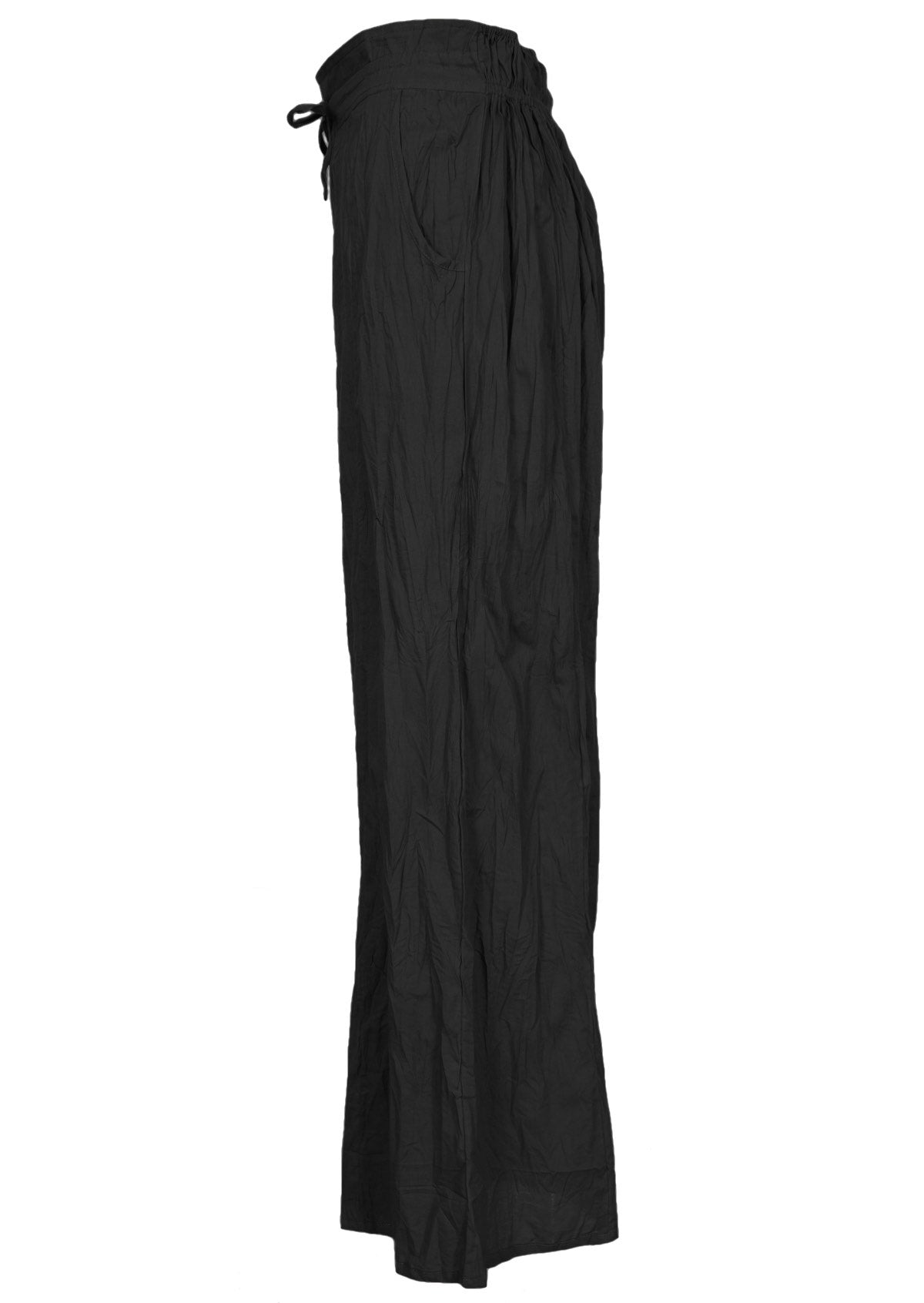 side view of black cotton wide leg pants with elasticated and drawstring waistband