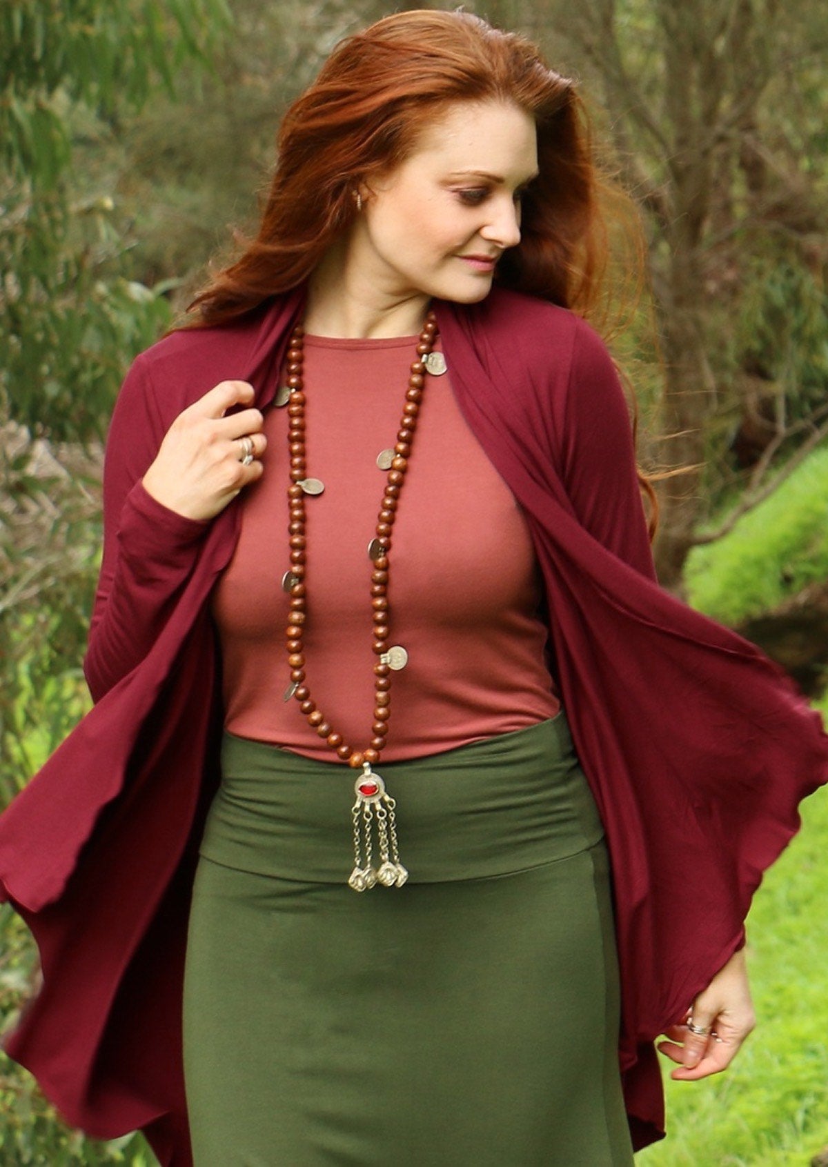 Irregular Hem Stretch Cardi handkerchief hem line long sleeve soft stretch rayon maroon | Karma East Australia