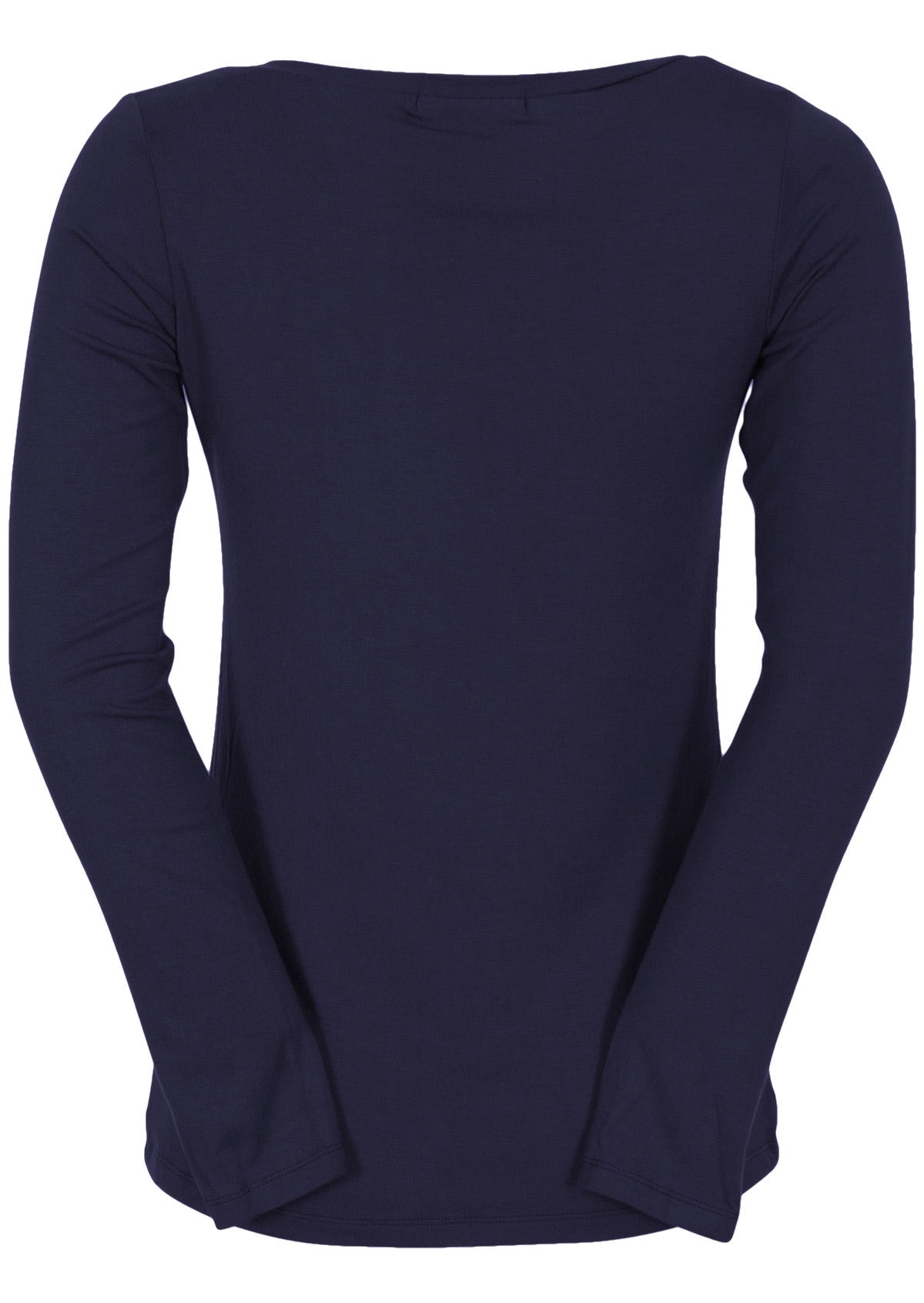Back view of women's navy blue long sleeve stretch v-neck soft rayon top.