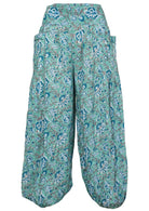 100% cotton harem pants in blue and white floral print.