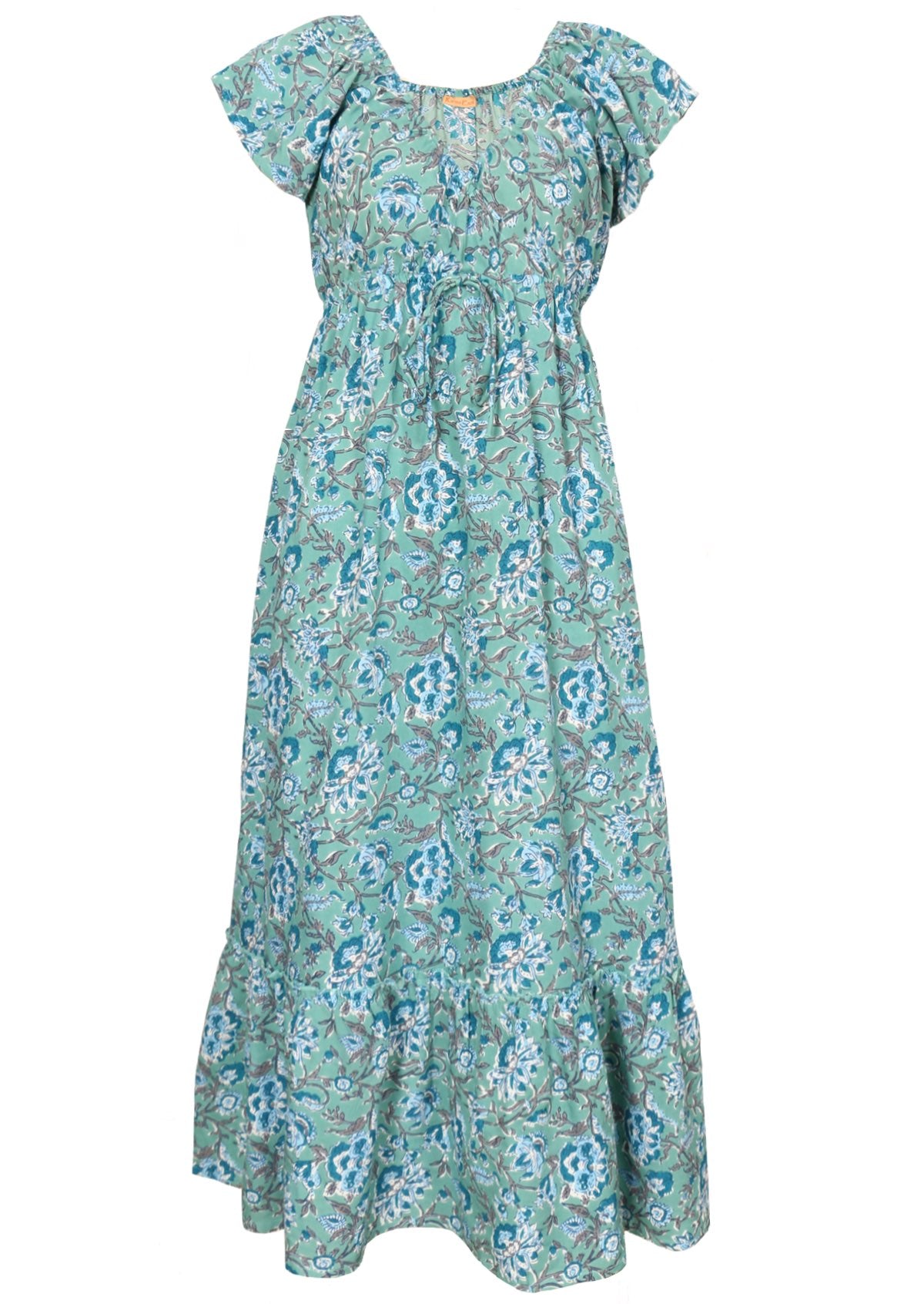 Long flowy, floral printed cotton maxi dress with drawstring at the elasticated waist.