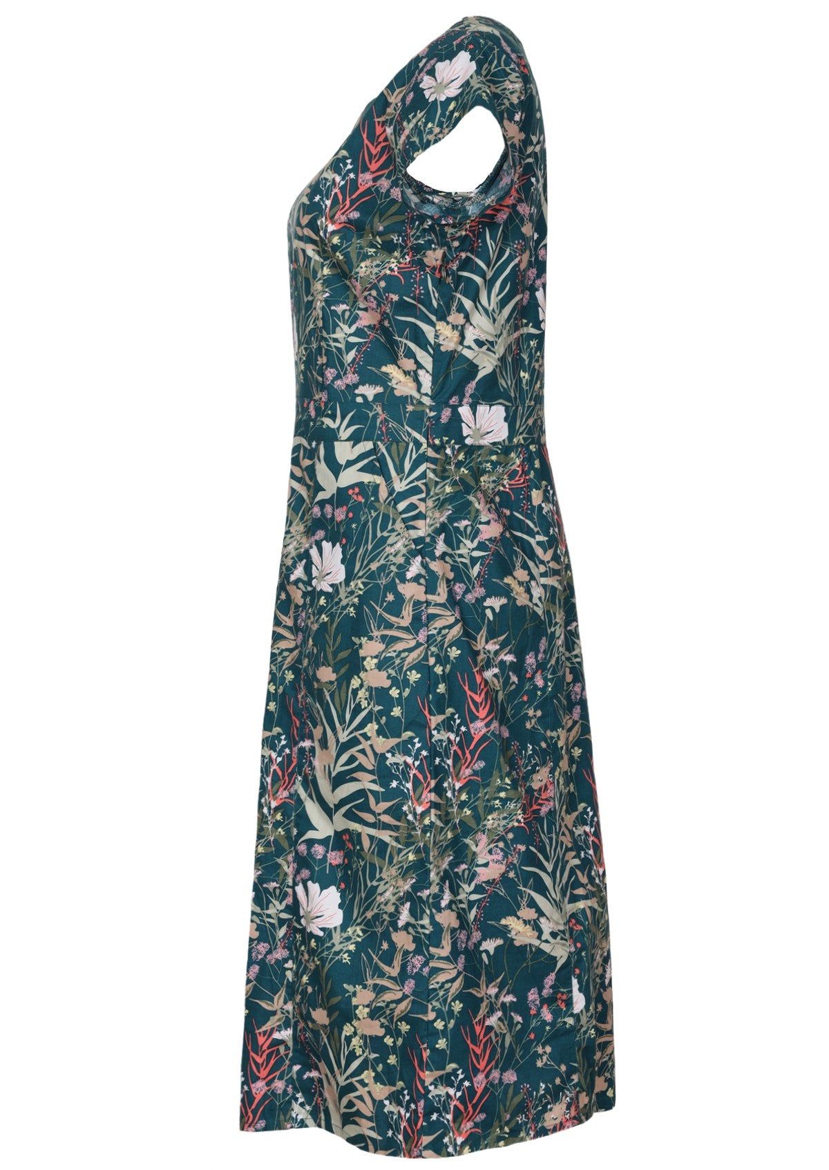 Side view of knee length 100 percent cotton dress with cap sleeves, round neckline and empire waist