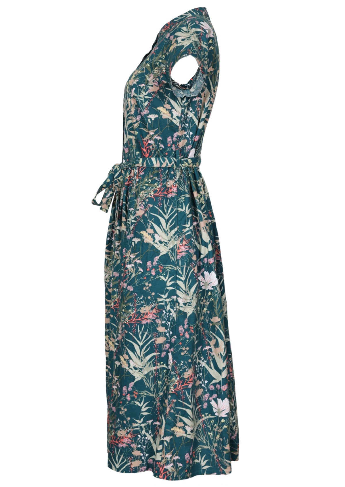 Side view of 50's style teal based floral midi length dress with hidden side pockets and a waist tie
