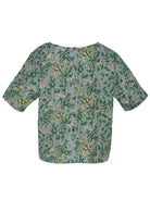 100% cotton floral print top with short sleeves and decorative buttons at the centre of the back.