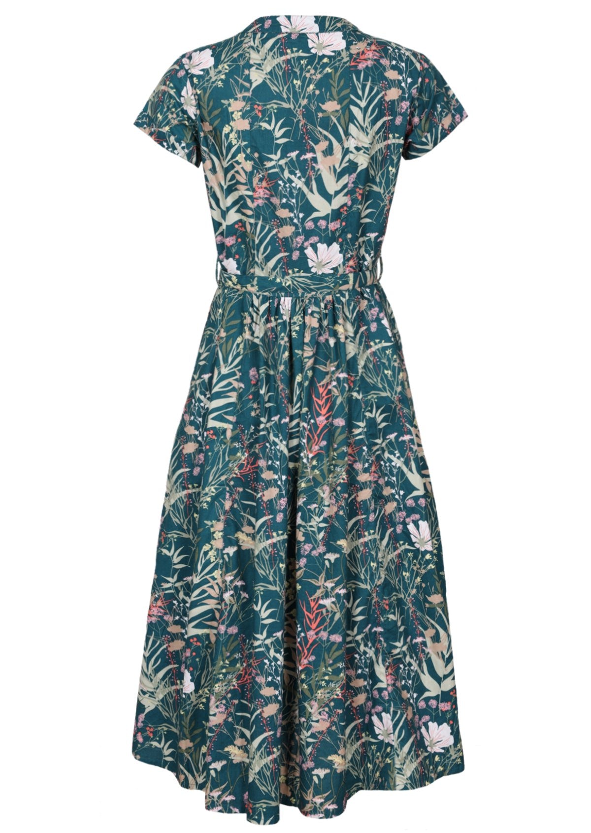 Back view of 50's style teal based floral midi length dress with hidden side pockets and a waist tie