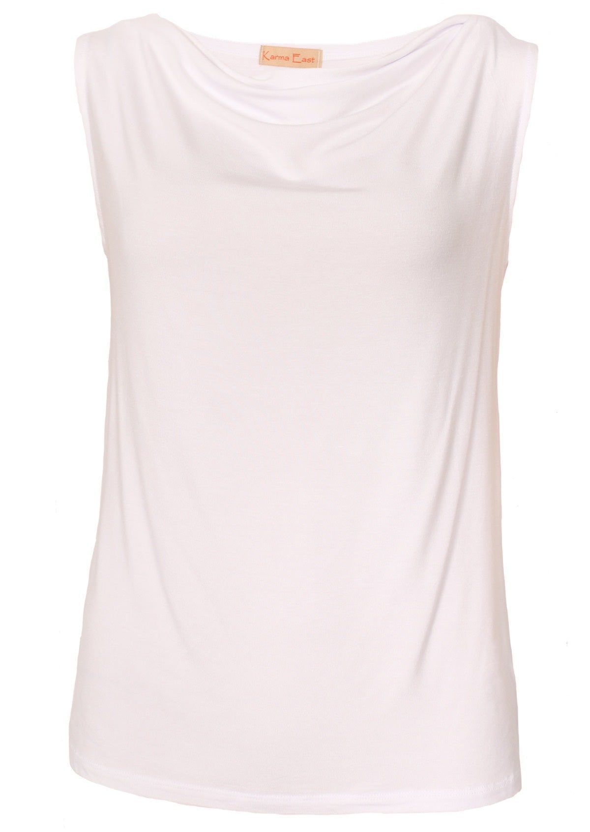 Front view white sleeveless cowl neck top