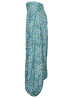 side view of Cotton harem pants with elasticated ankle, elastic at back of waistband and deep pockets.