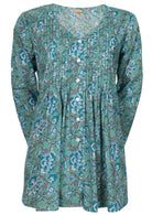 100% cotton top with small pin tucks across chest in floral print with aqua blue base.