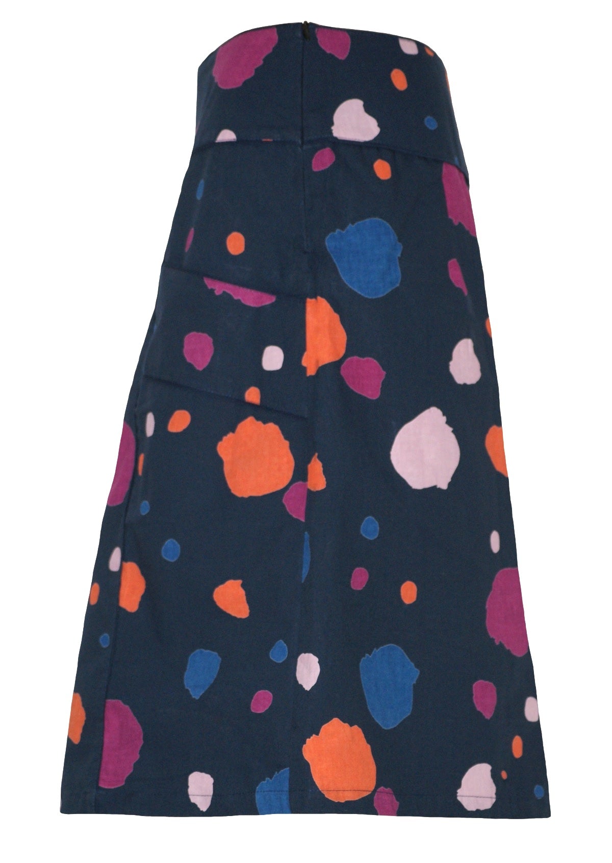 Blue based cotton A-line skirt with hidden side zip, in orange, blue, plum and pale pink splotch print