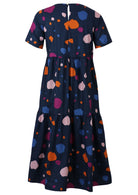 Back View Short Sleeve Printed Dress with button back closure.