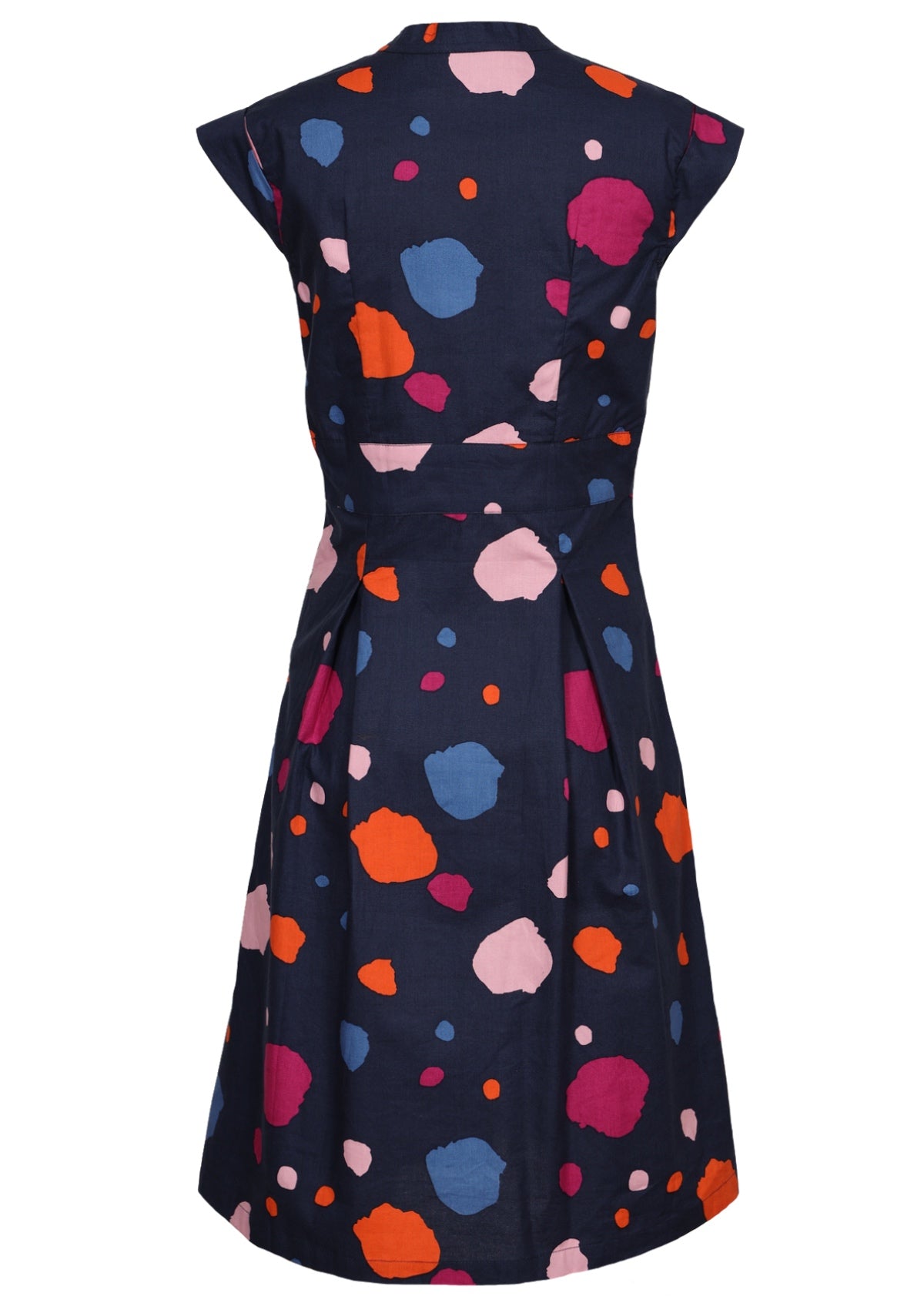 Womens cotton knee length dress with cap sleeves, and box pleats under the waistband