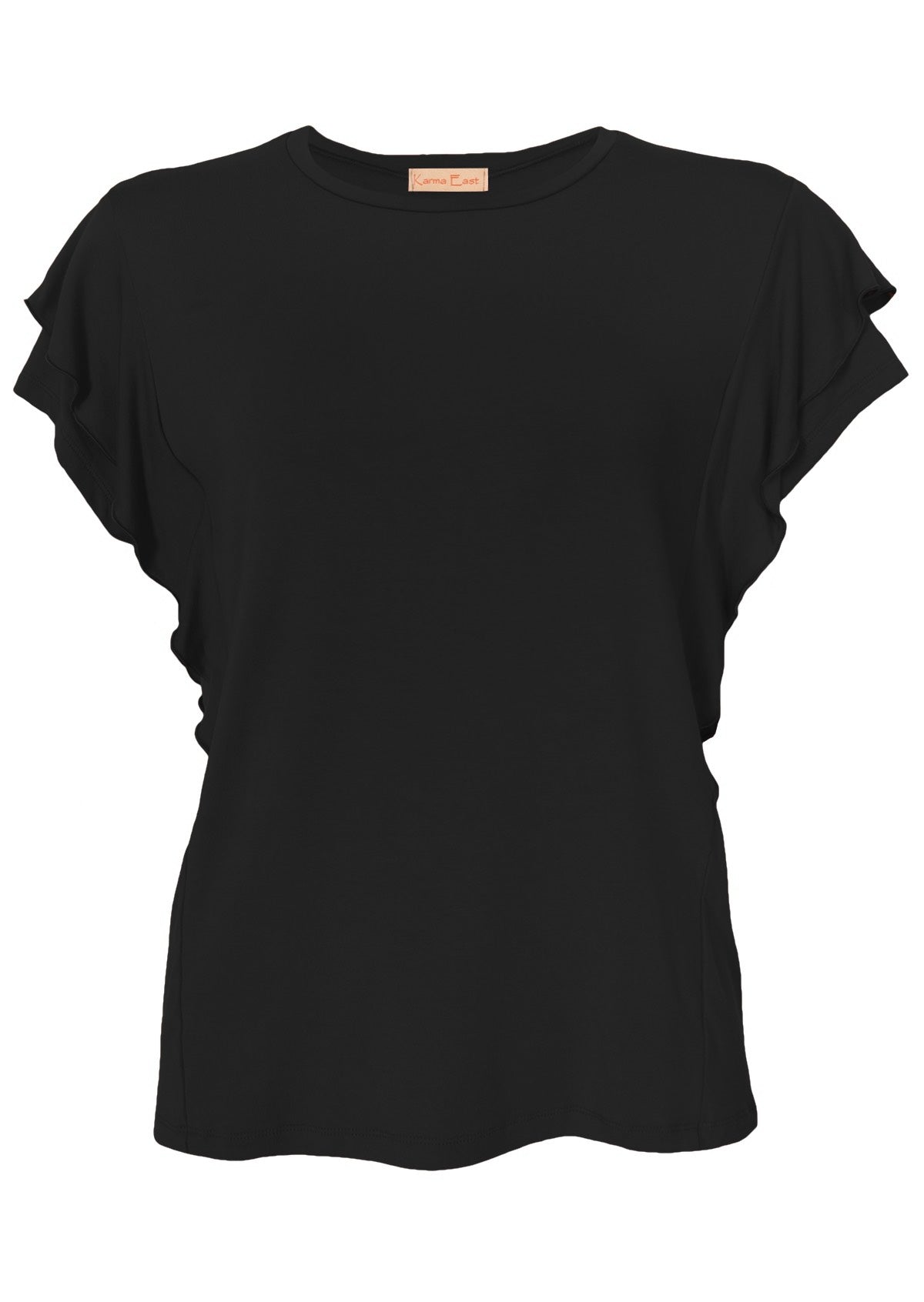 Front view of a women's basic black ruffle top over white background.