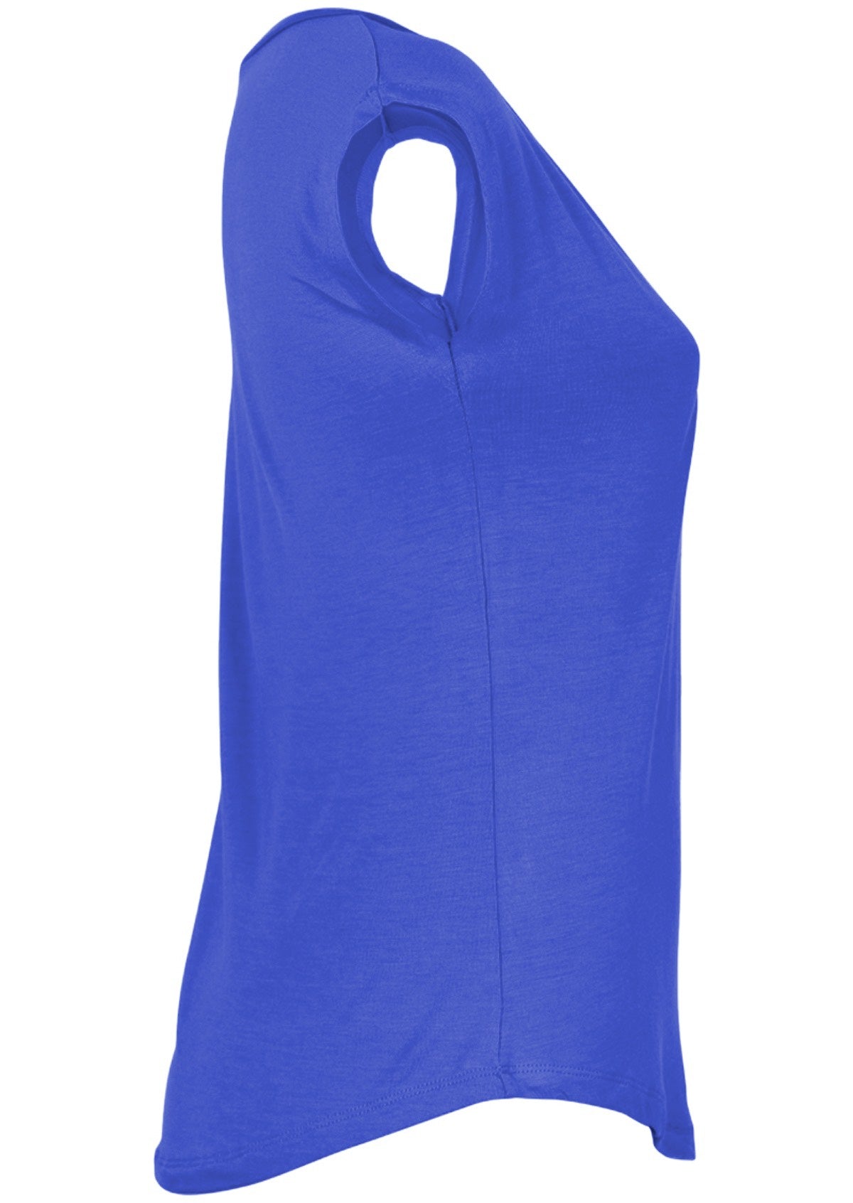 Side view of a women's blue v-neck short cap sleeve rayon top