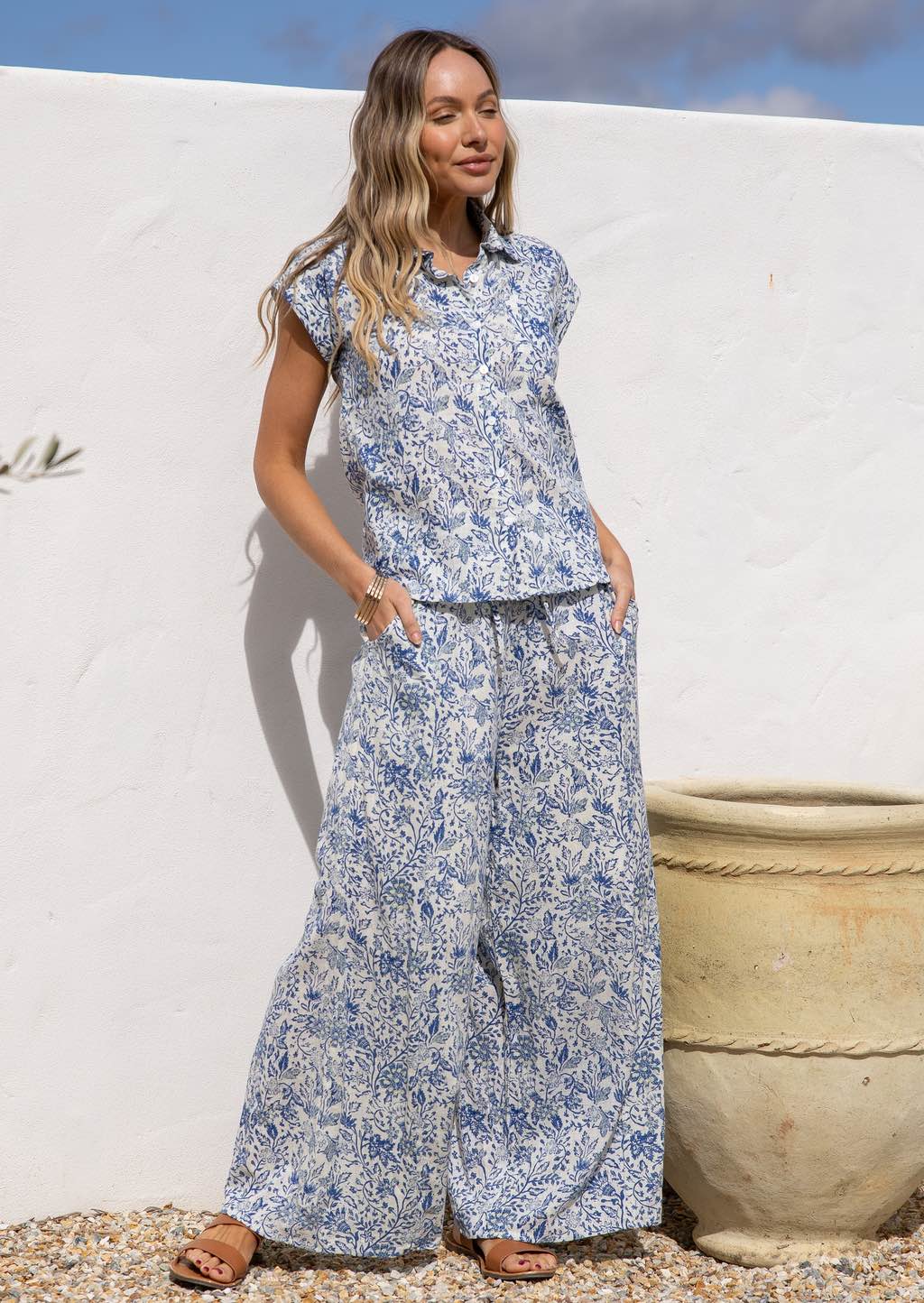 Isha Print Collection - White based blue floral print cotton