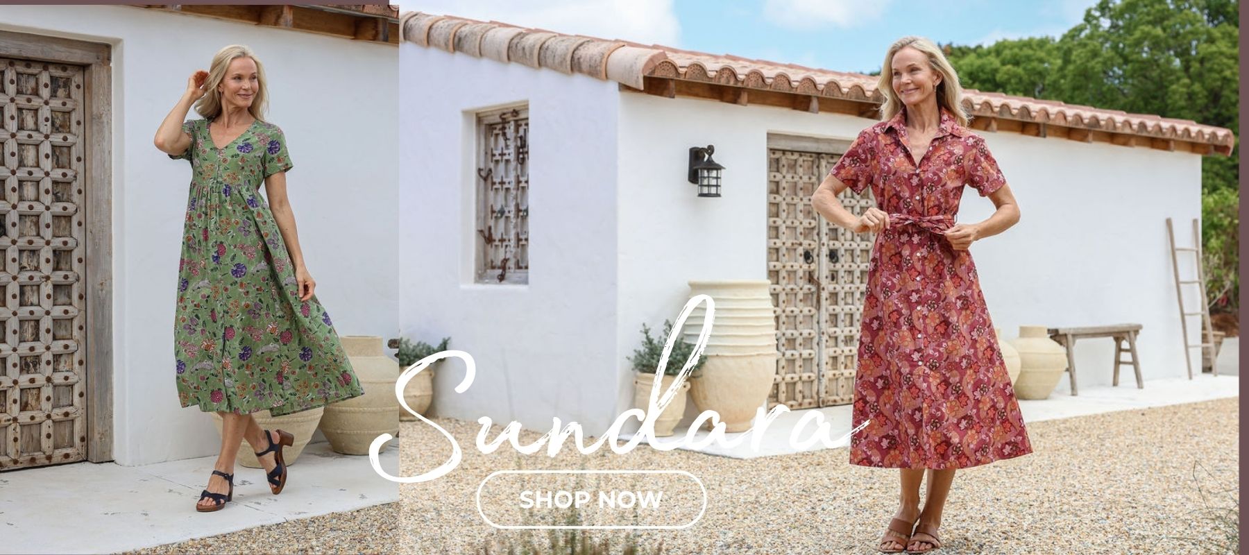 Two women in floral dresses standing in front of a white building with 'Sundays' branding.