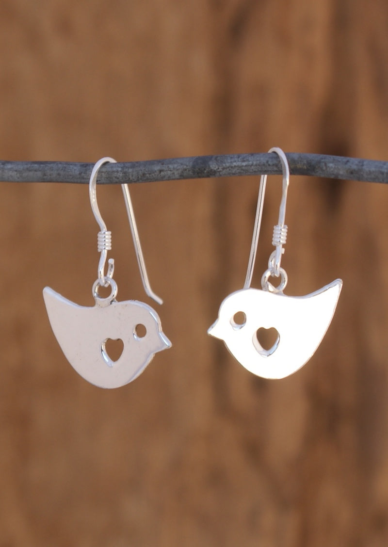 Sterling silver flat robin bird earrings with tiny heart cutout