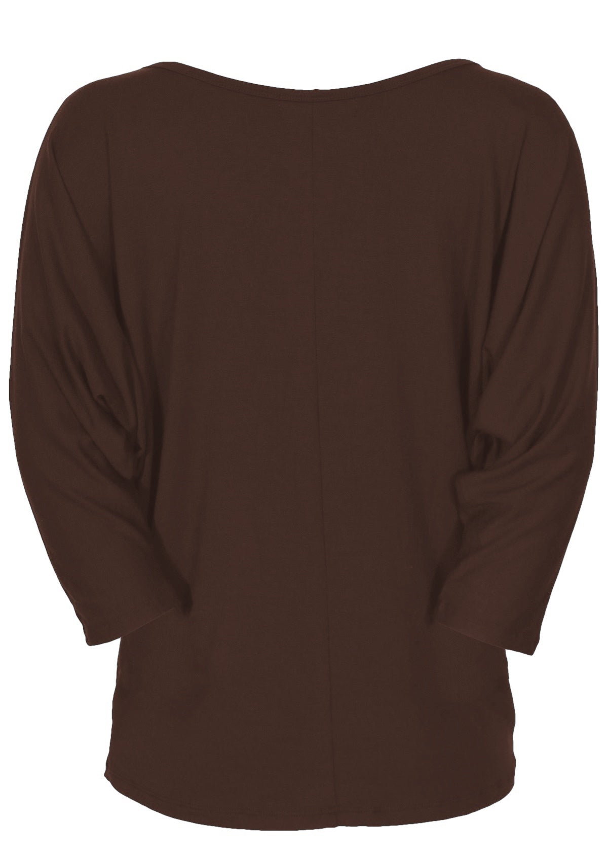 Back view of dark brown soft stretch rayon jersey 3/4 sleeve batwing top