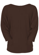Back view of dark brown soft stretch rayon jersey 3/4 sleeve batwing top