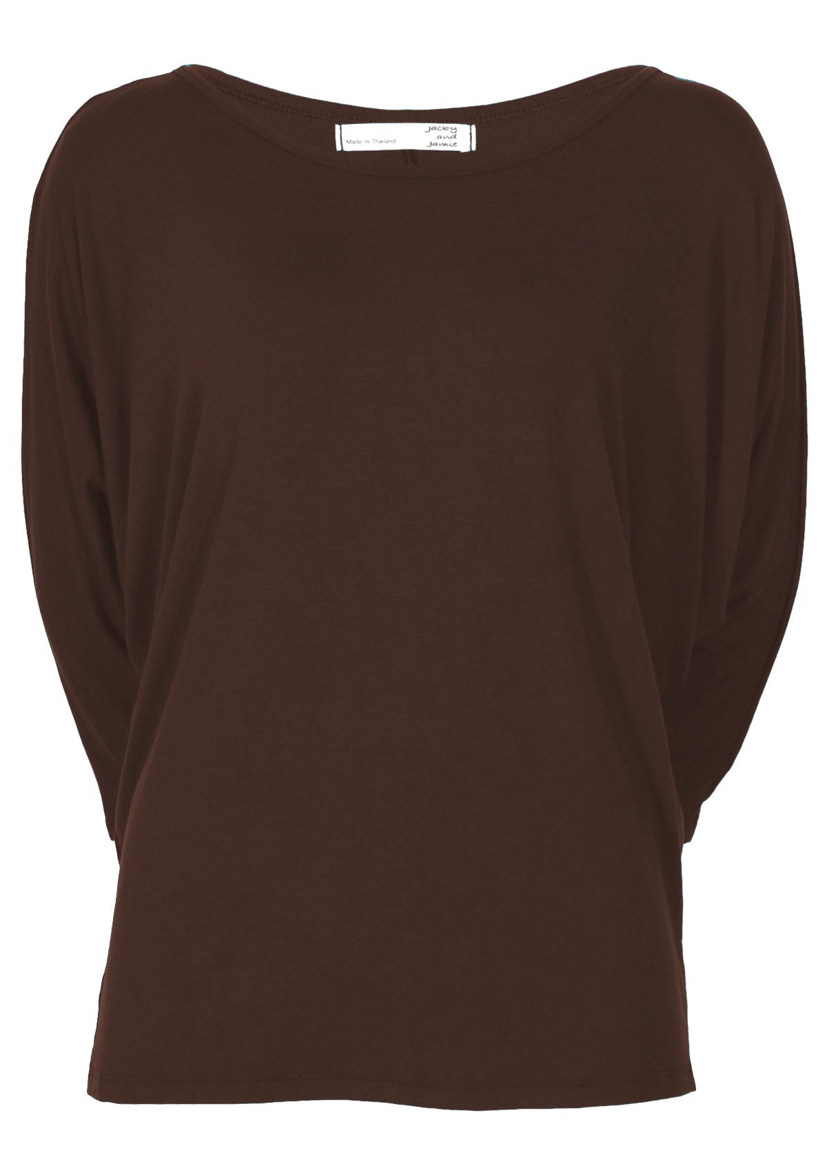 Front view of dark brown soft stretch rayon jersey 3/4 sleeve batwing top