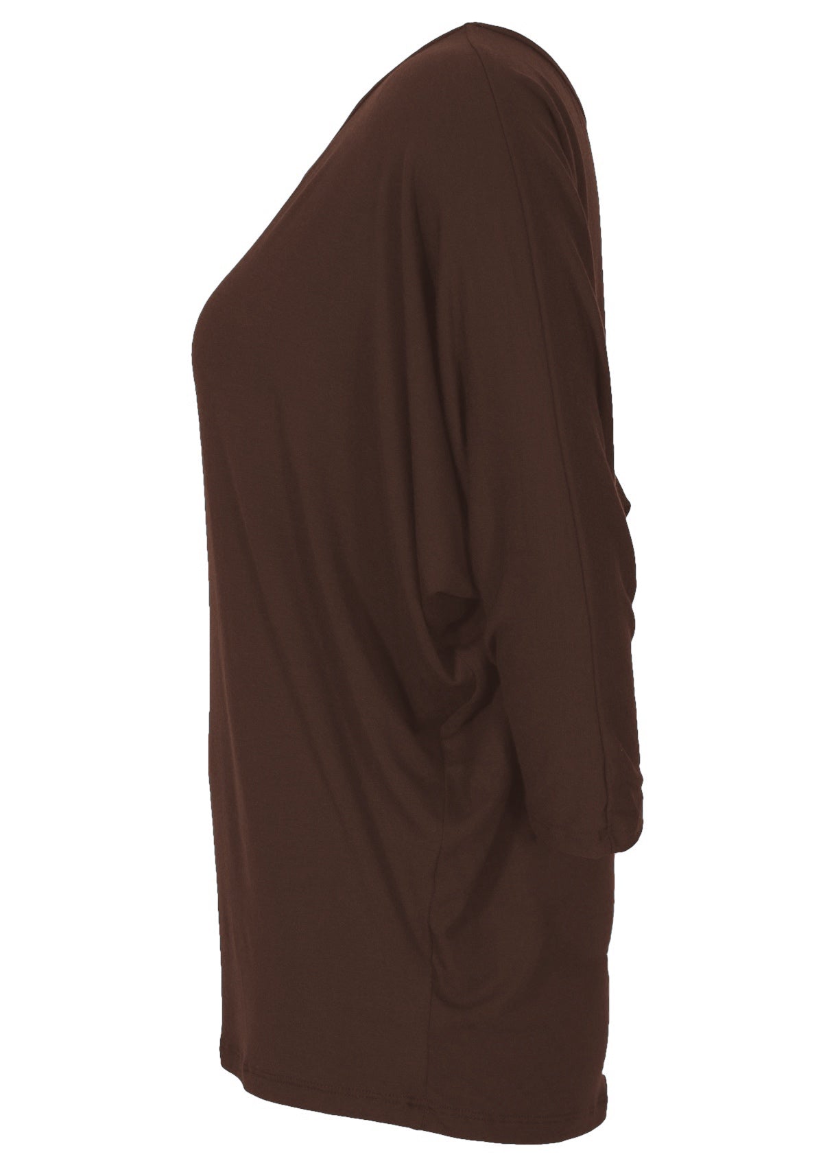 Side view of dark brown soft stretch rayon jersey 3/4 sleeve batwing top