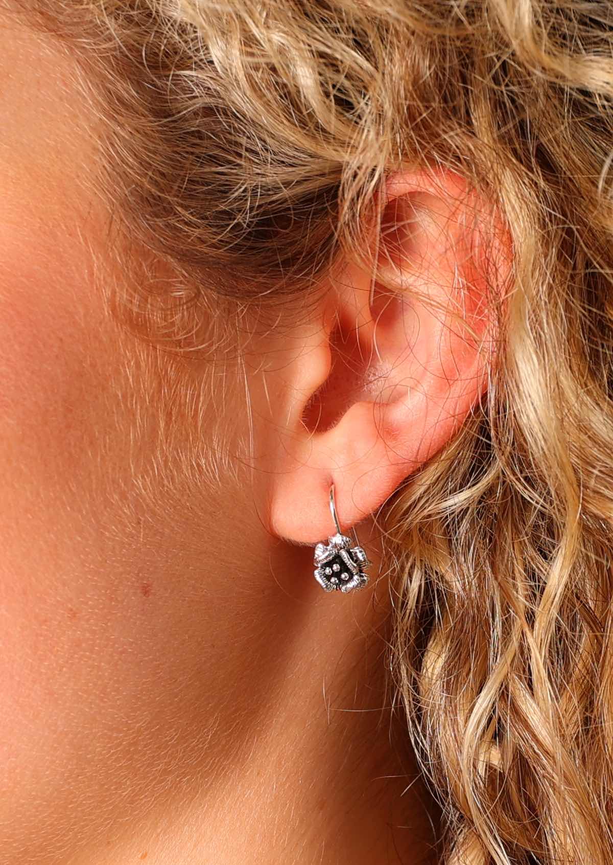 Hill Tribe style sterling silver rose earring on fixed hook