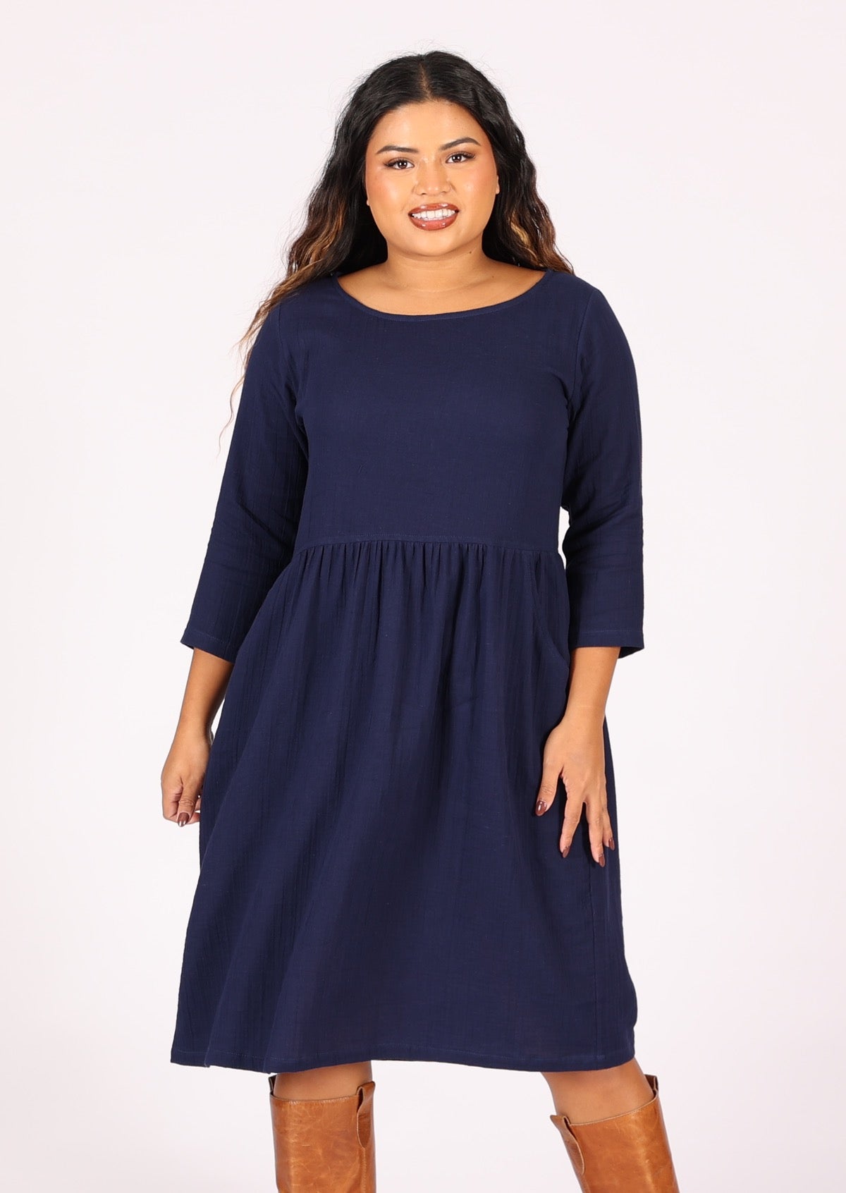 Lightweight cotton gauze relaxed fit dress with 3/4 sleeves