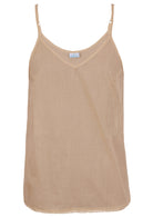 A light beige cotton camisole tank top with thin spaghetti straps and a V-neckline, shown against a plain white background.