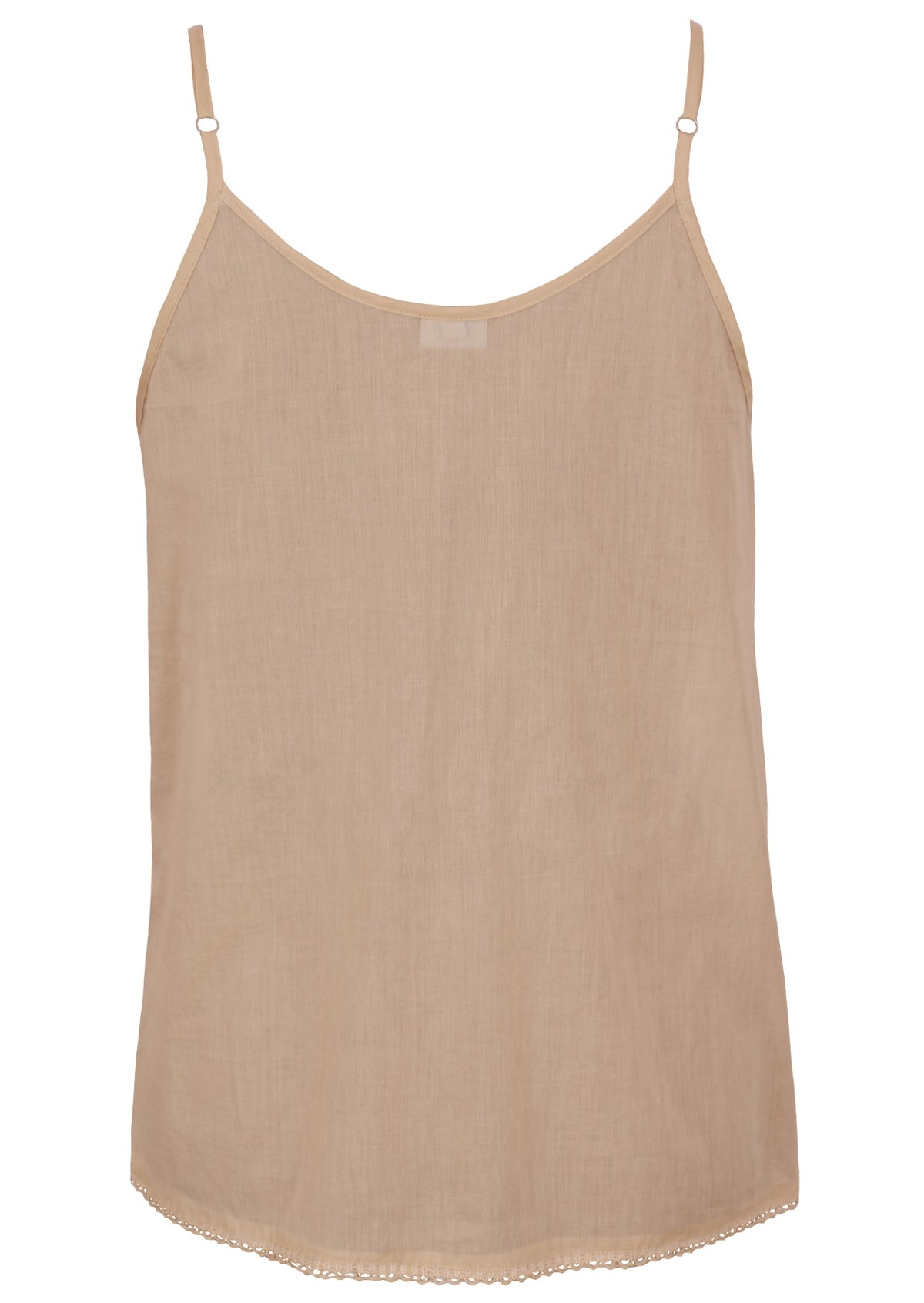 A light beige cotton camisole tank top with adjustable shoulder straps and a scalloped hem, shown flat against a white background.