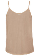A light beige cotton camisole tank top with adjustable shoulder straps and a scalloped hem, shown flat against a white background.