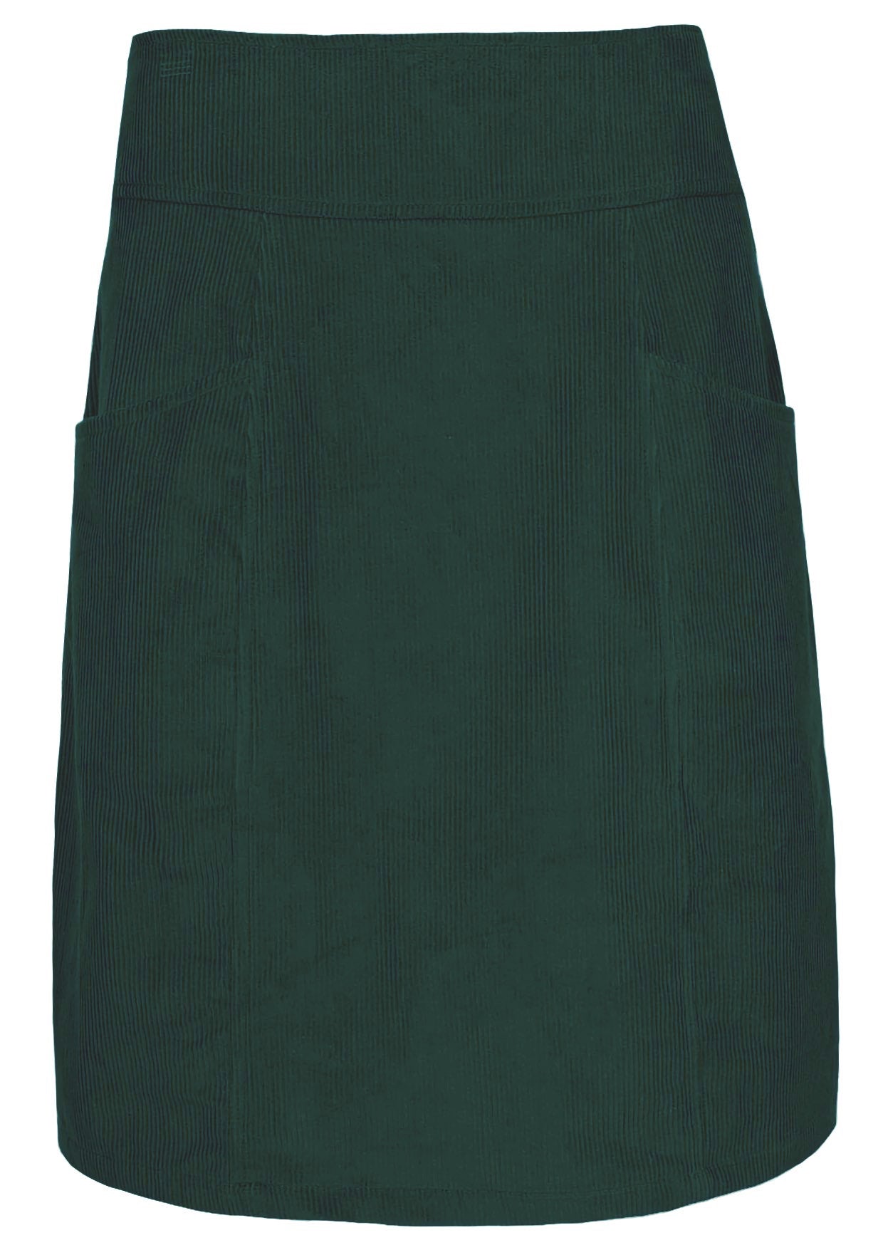 Front mannequin photo of green cotton corduroy A-line skirt with pockets