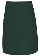 Front mannequin photo of green cotton corduroy A-line skirt with pockets