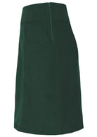 Side mannequin photo of green cotton corduroy A-line skirt with pockets and side zip