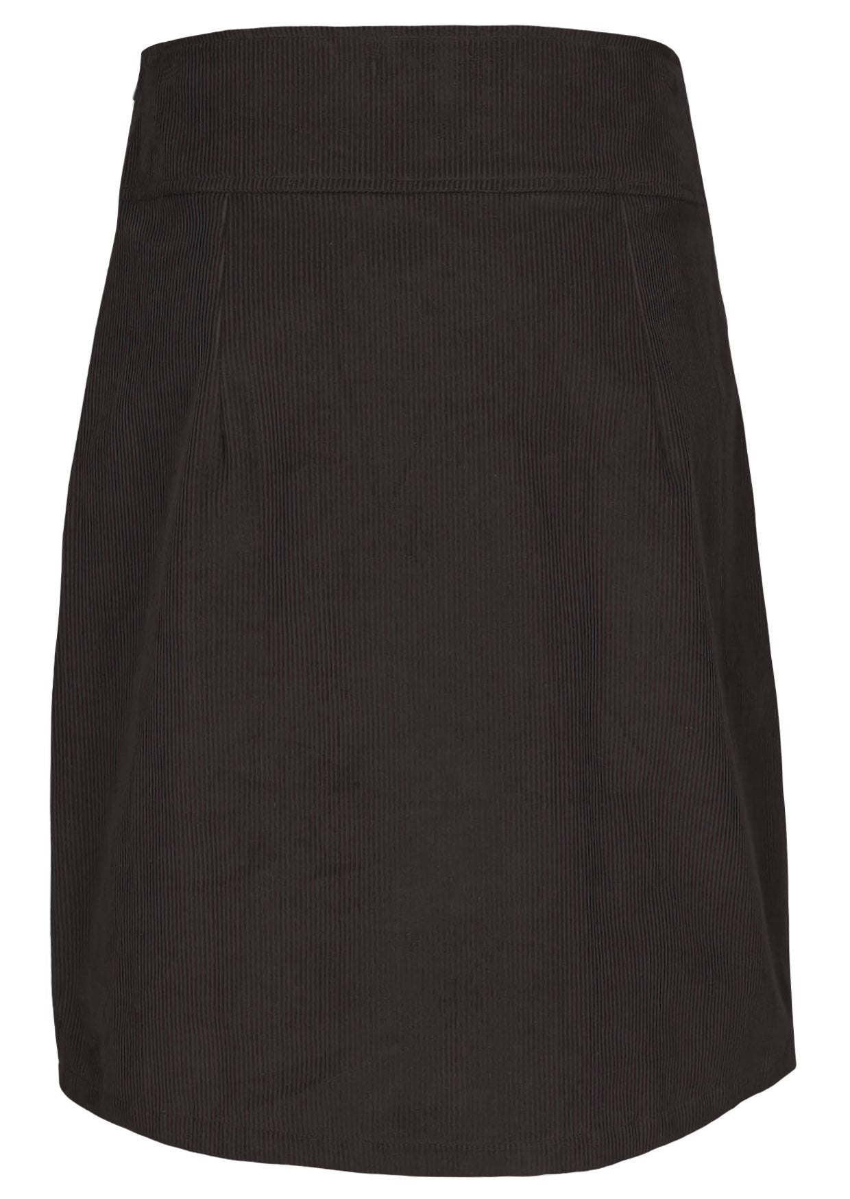 Back mannequin photo of chocolate brown cotton corduroy knee length A-line skirt